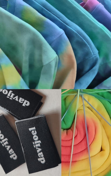 Kollage bestehend aus Batikshirts und Textiletiketten